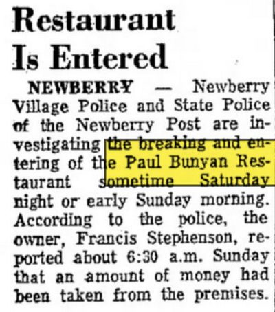 Paul Bunyan Restaurant - Sep 1969 Article On Robbery
